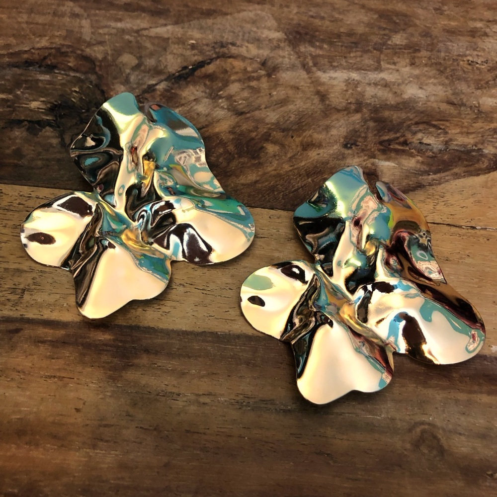 Extra large Gold Statement earrings. Abstract Modern frozen in time liquid gold